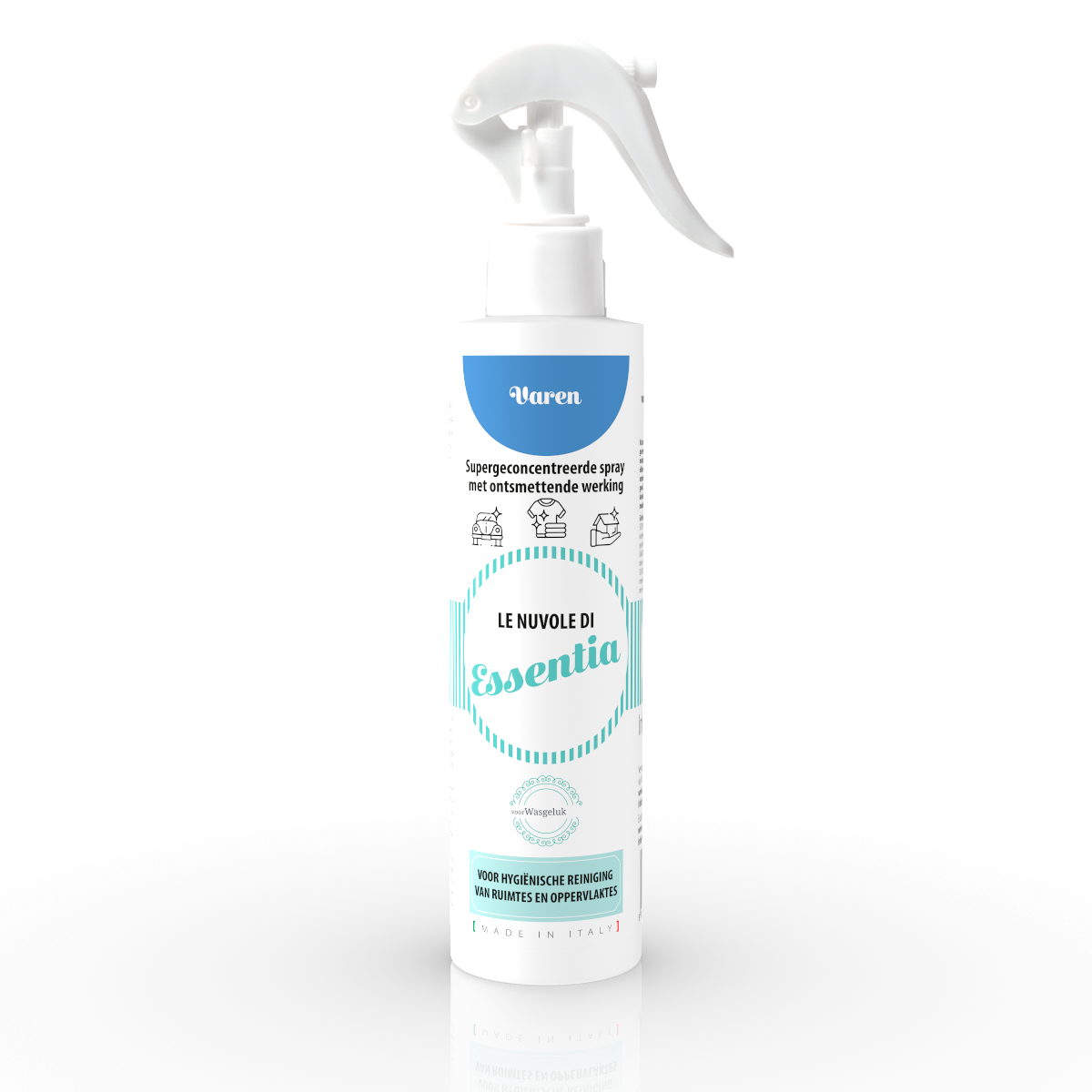 Een afbeelding van de Cloud Varen Supergeconcentreerde spray met ontsmettende reiniging van Essentia. Deze reinigingsspray van Wasgeluk heeft een frisse en groene geur van varen en bevat een supergeconcentreerde formule die effectief reinigt en ontsmet. De spray is geschikt voor het hygiënisch reinigen van allerlei oppervlakken en ruimtes in huis, zoals keuken- en badkamerbladen, vloeren, en meubels. De fles heeft een inhoud van 500 ml en is voorzien van een handige spraydop. Op het label staat de productnaam, het Wasgeluk-logo en het Essentia-logo