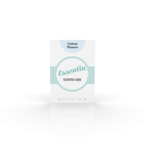 Een afbeelding van de Essentia Scented card cotton flower van Wasgeluk. Deze geurkaart heeft de heerlijke en frisse geur van katoenbloesem en is ideaal om in kleine ruimtes zoals kasten, lades, of auto's te plaatsen. De geurkaart is gemaakt van hoogwaardig karton en heeft een afmeting van 7 x 10 cm. Op de kaart staat de productnaam