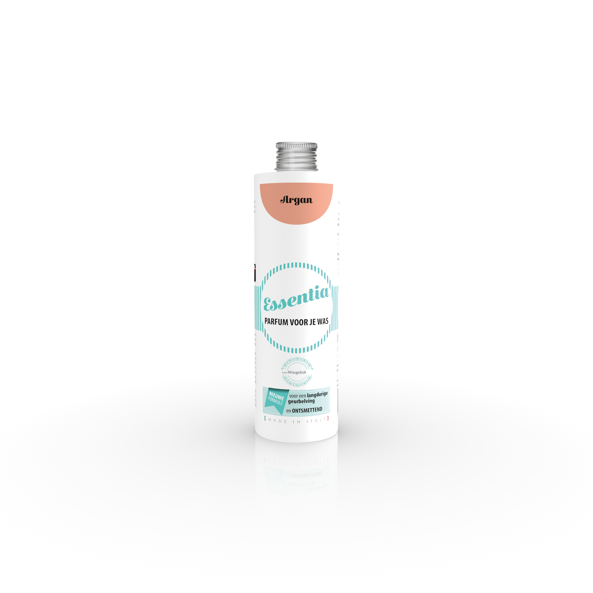 Afbeelding van een fles wasparfum met de geur van arganolie. De fles is rechtopstaand geplaatst op een witte ondergrond en heeft een zilveren dop. Het etiket op de fles heeft de naam van de geur "Arganolie" erop geschreven en is versierd met het logo van Wasgeluk.