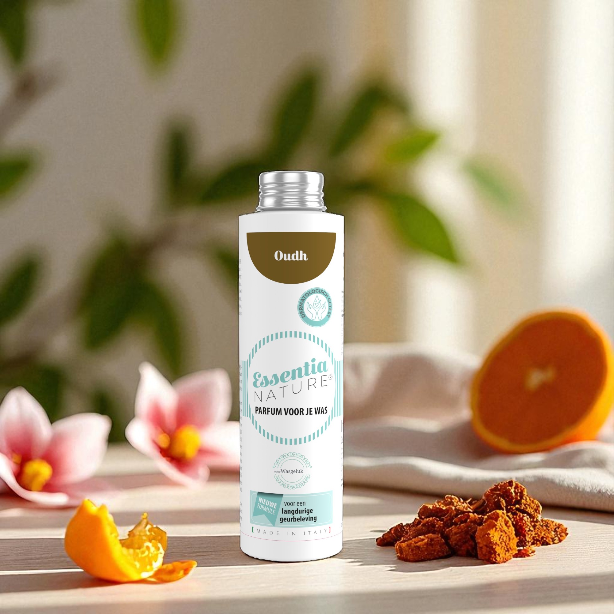 Essentia Nature wasparfum Oudh van Wasgeluk, microplasticvrij en duurzaam wasparfum voor een langdurige, luxe geurbeleving met warme hout- en citrusaccenten, stijlvol gefotografeerd tussen bloemen en sinaasappelstukjes.