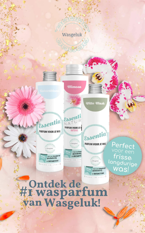 Roze, bloemrijke productfoto van Wasgeluk Essentia wasparfum in de geuren White Musk, Mimosa en Einderlicht, gepresenteerd als luxe, microplasticvrij wasparfum voor een frisse, langdurige geurbeleving.