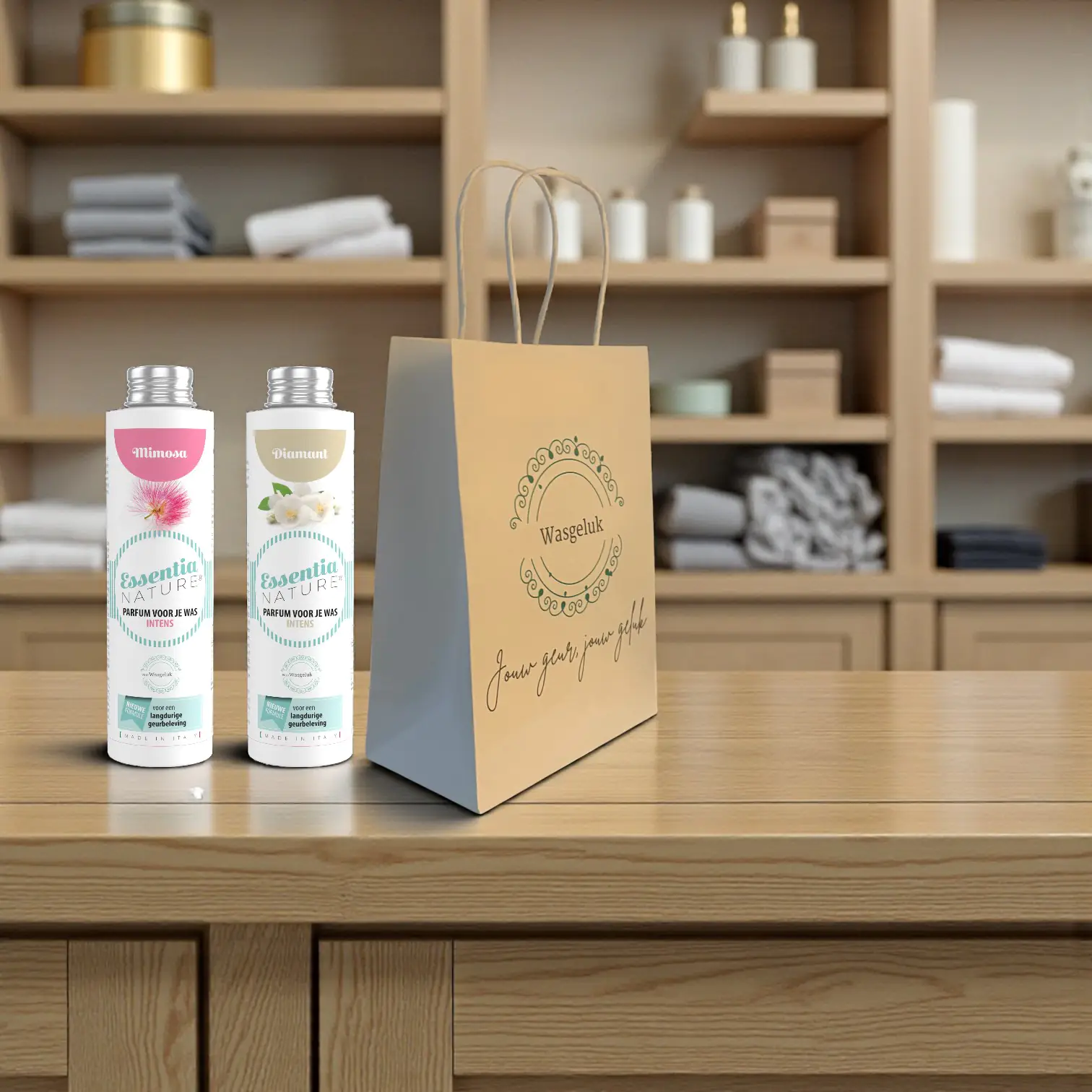Papieren tas van Wasgeluk in klein formaat voor 2 flessen wasparfum.